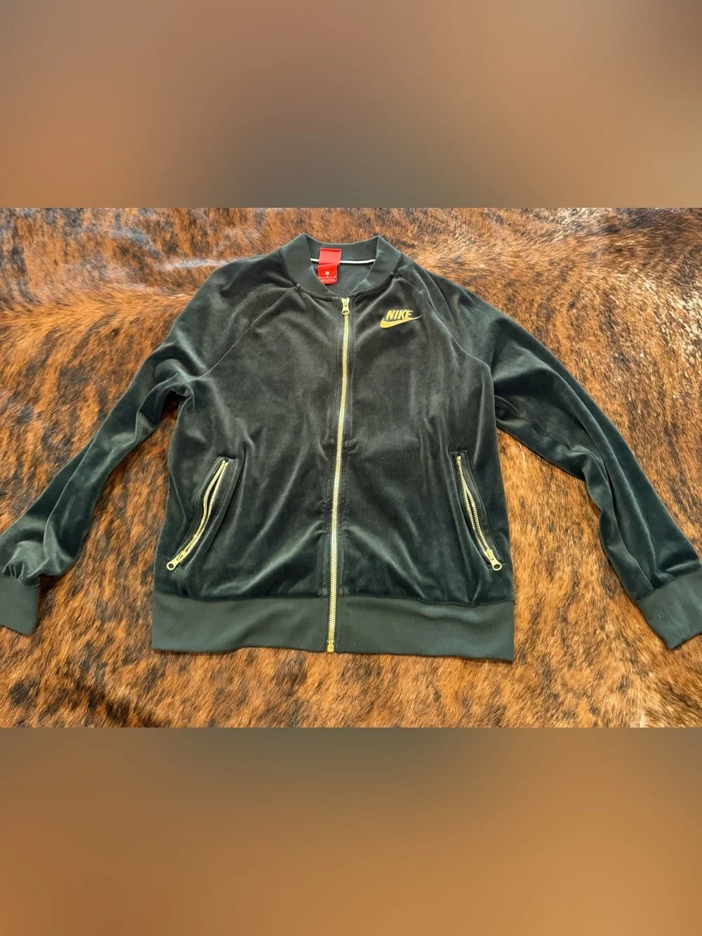 Nike Sportswear Women's Olive Green With Gold Trim Velour Full Zip Jacket Size M